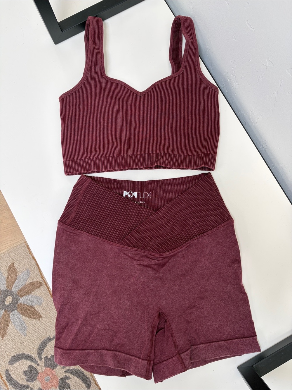 POPFLEX Ribbed Crop Tank & High-Waist Shorts Set - Burgundy